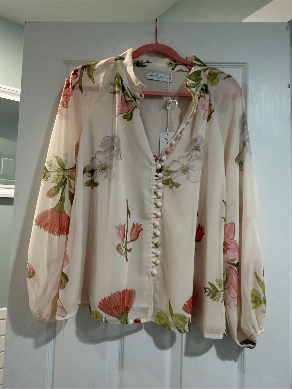Petal & Pup Sheer Floral Button-Front Blouse in Cream, Pink & Green - Picture 6 of 11